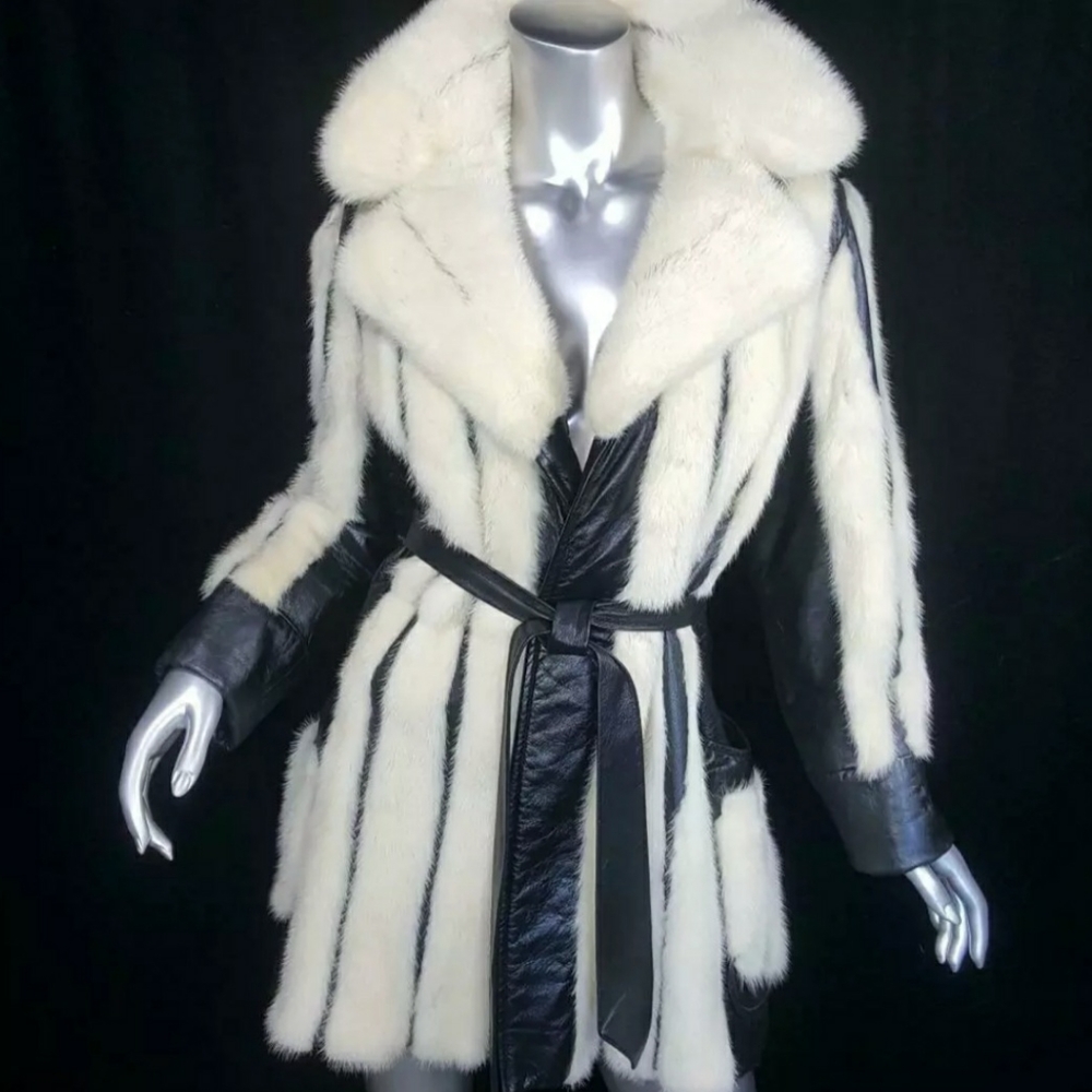 White mink black genuine leather coat size M